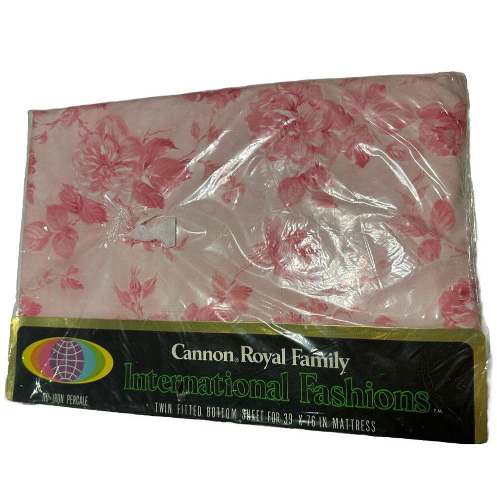 VTG Cannon Kensington Vibrant Pink Floral Twin Fitted Sheet NOS USA